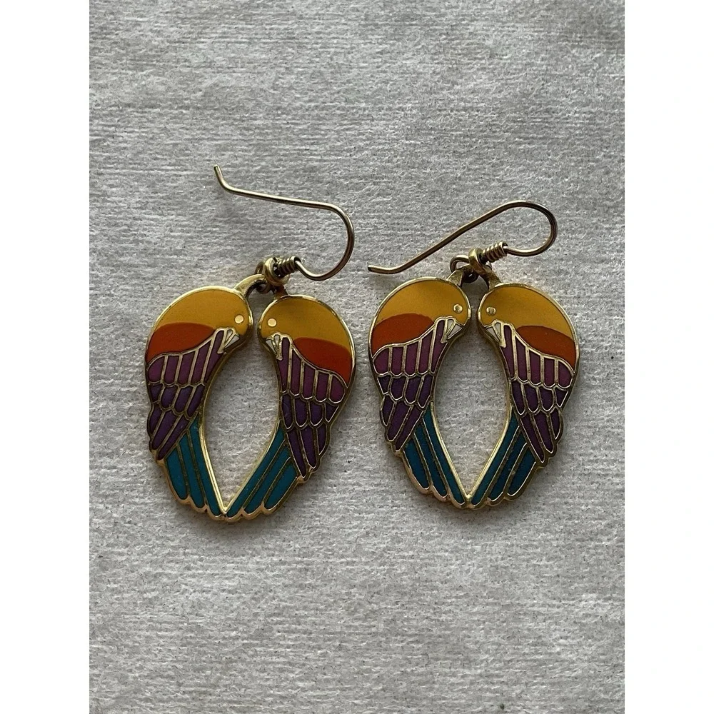 vintage Laurel Burch Signed Dangle earrings Enamel Love Bird Estate Jewelry - Picture 7 of 7
